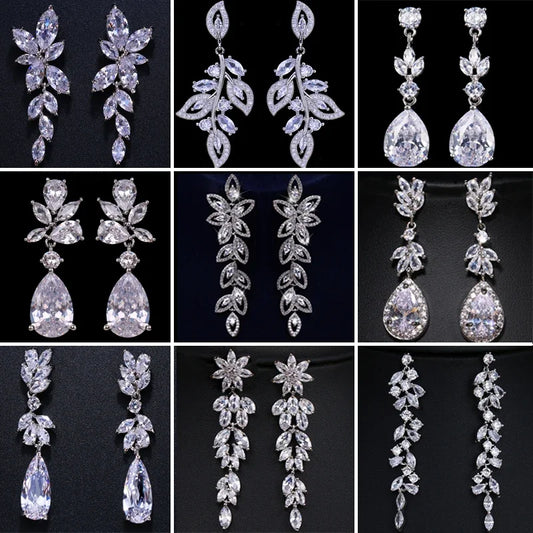 LXOEN Luxury Flower Leaf Zirconia Women Statement Long Drop Earring Wedding Party Bridal Dubai Jewelry Gift Pendientes Mujer